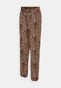 Calças de padrão de leopardo em tom de castanho e marrom, com cintura elástica, corte descontraído e textura de tecido suave.