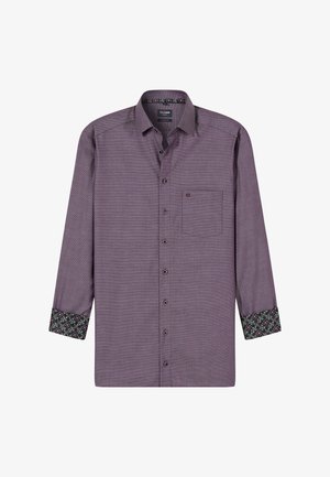 Langärmliges Hemd aus strukturiertem lila Stoff, mit Brusttasche und floral gemustertem Akzent an den Manschetten. Vorderseite mit Knopfleiste.