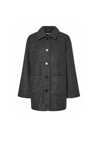 Cappotto in lana grigio scuro con collo a risvolto, quattro bottoni frontali, due tasche laterali e una vestibilità ampia con maniche larghe.