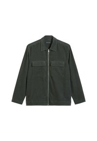Ciemnozielona kurtka ze sztruksu z zamkiem z przodu. Posiada dwie kieszenie na piersi i klasyczny kołnierz. Materiał o fakturze, fason o prostym kroju.