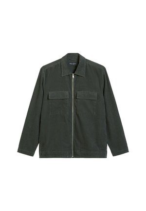 Dunkelgrüne Cordjacke mit Reißverschluss vorne. Verfügt über zwei Brusttaschen und einen klassischen Kragen. Strukturierter Stoff mit gerade geschnittenem Design.