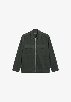 Dunkelgrüne Cordjacke mit Reißverschluss vorne. Verfügt über zwei Brusttaschen und einen klassischen Kragen. Strukturierter Stoff mit gerade geschnittenem Design.