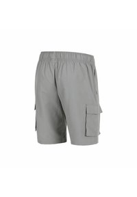 Light gray men's cargo shorts with elastic waistband and side flap pockets, shown against a plain white background.