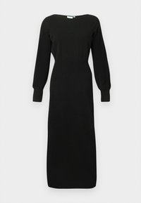 Abito midi nero a maniche lunghe con vita aderente, scollo rotondo e maniche a polsino, esposto su uno sfondo chiaro uniforme.