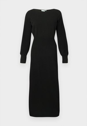 Vestido midi preto de manga longa com cintura ajustada, decote redondo e mangas com punhos, exibido contra um fundo claro e liso.