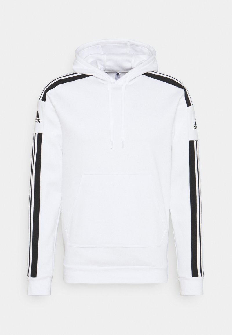 Sudadera blanca con gran bolsillo frontal, cordón ajustable y 3 rayas negras en las mangas. Presenta el logo de Adidas en el hombro izquierdo.