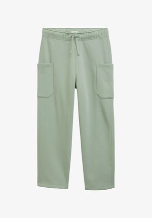 Pantalons décontractés vert clair avec une taille élastique, un cordon de serrage et de grandes poches latérales rectangulaires sur les deux jambes.