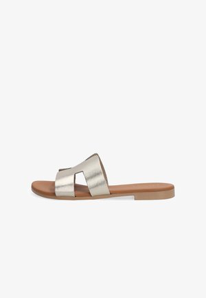 Metallische silberne Rutschsandale mit Durchbruchsdesign, flacher, brauner Sohle und glatter Textur. Schlichtes, offenes Zehenmodell ohne Verzierungen.