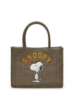 Braune und schwarze Hahnentritt-Tasche mit Snoopy-Figur und gelbem "SNOOPY" Text auf der Vorderseite und zwei Griffen.