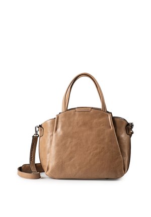 Hellbraune Lederhandtasche mit doppelten Griffen und verstellbarem Schulterriemen vor weißem Hintergrund.