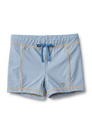Blauw-wit gestreepte zwemshorts met verticale strepen, beige stiksels en een blauw koordje in de tailleband.