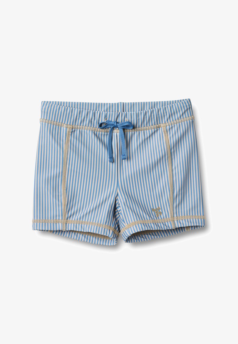 Short de bain à rayures verticales bleu et blanc avec des coutures beiges et un cordon bleu à la taille.