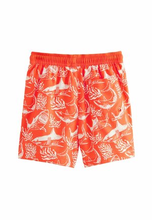 Oranje zwembroek met een wit haai- en koraalpatroon. Elastische tailleband voor comfort. Lichtgewicht, snel droogend materiaal.