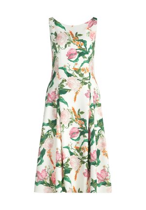 Sleeveless white midi dress with pink, orange, and green floral print and a slightly flared skirt.