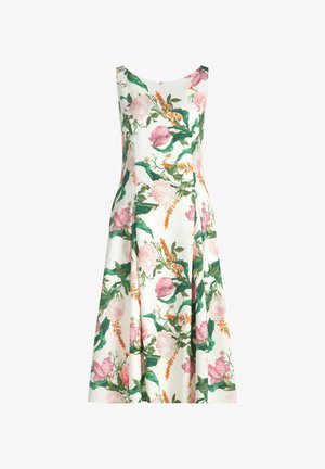 Sleeveless white midi dress with pink, orange, and green floral print and a slightly flared skirt.