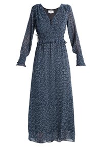 Sukienka maxi z ciemnoniebieskiego materiału w kwiatowy wzór. Długie rękawy, dekolt w kształcie litery V, marszczona talia i falbaniasty dół. Lekka, półprzezroczysta tkanina.