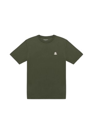 T-shirt verde oliva semplice a maniche corte con un piccolo logo ricamato bianco e marrone sul lato sinistro del petto.