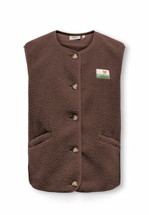 Brun uldvest uden ærmer med knapper, to forlommer og et lille rektangulært "ONLY Vintage"-mærke på brystet.