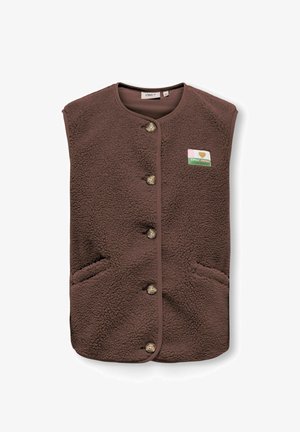 Hnedá bezrukávová fleece vesta na gombíky s dvoma prednými vreckami a malou obdĺžnikovou nášivkou "ONLY Vintage" na hrudi.