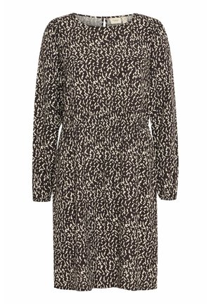 Ilga rankovė suknelė tamsiai rudos spalvos su balta abstrakčia raštu. Minkšta medžiaga, apvalus iškirpimas ir raukšlėta liemens dalis, užtikrinanti patogų pritaikymą.