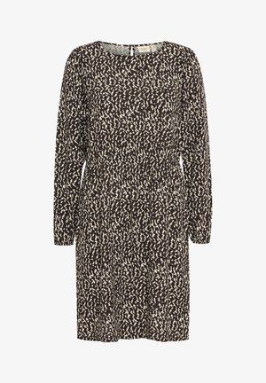 Ilga rankovė suknelė tamsiai rudos spalvos su balta abstrakčia raštu. Minkšta medžiaga, apvalus iškirpimas ir raukšlėta liemens dalis, užtikrinanti patogų pritaikymą.