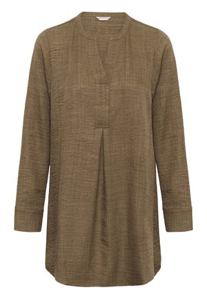 Olive green long-sleeve blouse made of textured fabric, featuring a V-neckline and a pleated front detail.