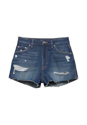 Niebieskie dżinsowe szorty z postrzępionymi brzegami i przecieranymi dziurami na przednich kieszeniach i nogawkach, zapinane na guziki i zamek błyskawiczny.