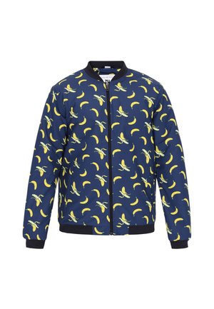 Marineblaue Bomberjacke mit einem sich wiederholenden Bananenmuster, aus glattem Stoff gefertigt, mit einem Reißverschluss vorne und schwarzen Rippbündchen an den Ärmeln und dem Saum.