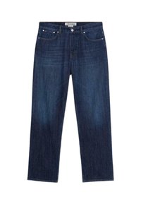 Jeans de mezclilla azul oscuro con corte recto, diseño de cinco bolsillos y una sutil textura desgastada. Etiqueta de la marca en la cinturilla.
