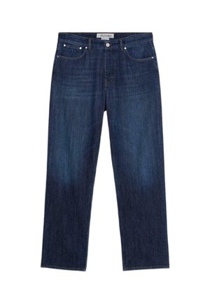 Donkerblauwe spijkerbroek met een rechte pijp, vijf zakken en een subtiele vervaagde textuur. Merketiket op de tailleband.