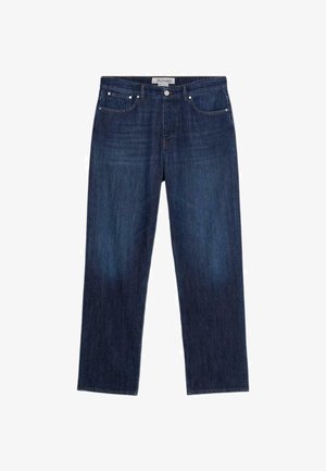 Jeans in denim blu scuro con taglio dritto, design a cinque tasche e una leggera texture sbiadita. Etichetta del marchio sulla vita.