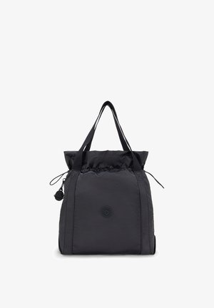 Czarna nylonowa torba na ramię z zasuwanym zamknięciem, dwiema ramiączkami i tłoczonym logo. Charakteryzuje się gładką fakturą i kwadratowym kształtem.