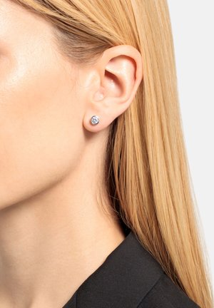 Orecchini a bottone in argento di forma rotonda, con una pietra preziosa trasparente al centro. Il design pone l'accento sulla semplicità e sull'eleganza.