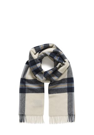 Écharpe en laine à carreaux crème, gris et marine avec franges aux deux extrémités, pliée en boucle lâche.