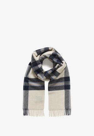 Écharpe en laine à carreaux crème, gris et marine avec franges aux deux extrémités, pliée en boucle lâche.