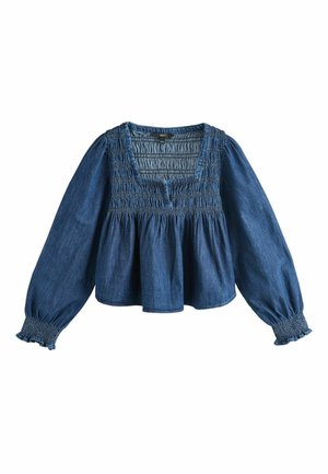 Langærmet blå denimbluse med smocket firkantet halsudskæring, indsnævret talje og elastiske flæsekantede manchetter.