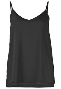 Haut noir sans manches en tissu lisse, avec un décolleté en V et des bretelles fines, doté d'une coupe droite et d'un léger superposition à l'ourlet.