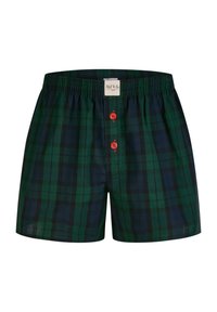 Boxer da uomo a quadri verdi e blu navy con cintura elastica, dotati di bottoni rossi e un'etichetta sul davanti. Realizzati in materiale leggero.