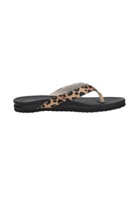 Flip-flop sandal with a black sole and a leopard print strap. The upper features a smooth texture with a decorative gold accent at the thong.