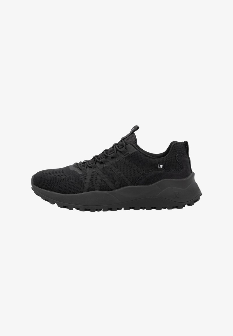 Black athletic shoes with a textured mesh upper, adjustable laces, a cushioned sole, and a rubber tread for traction.