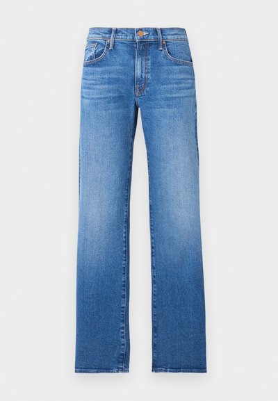 Μπλε τζιν με ίσιο τελείωμα και μέση μέτριου ύψους, πέντε τσέπες, κούμπωμα με κουμπί και ελαφρύ ξεθώριασμα στους μηρούς και στα γόνατα.