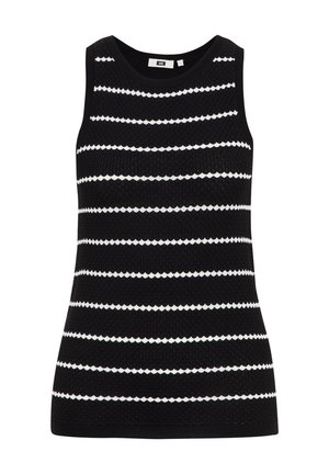 Proužkovaný tank top v černobílé barvě, vyrobený z texturované pleteniny, bez rukávů a s kulatým výstřihem. Jemný horizontální vzor.