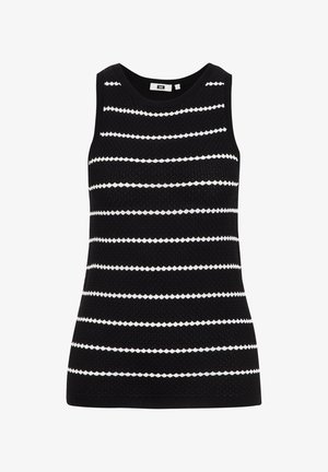 Mustvalge triibuline kampsun, mis on valmistatud tekstureeritud kudumiskangast, ilma varrukateta disain ja ümmargune kaelus. Peen horisontaalne muster.