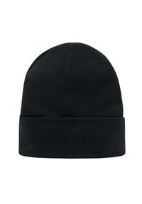 Cappello beanie nero in maglia con una superficie liscia, forma arrotondata e risvolto per una vestibilità regolabile. Design minimalista, senza motivi o dettagli.