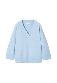 Lyseblå oversized sweater med V-hals, trekvartærmer og ribbet kant. Glat tekstur, lavet af blødt stof, enkelt design.