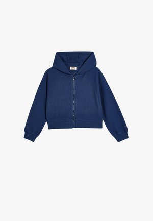 Marineblå cropped hoodie lavet af ribbet stof, med en frontlynlås, stor hætte samt elastiske manchetter og kant.