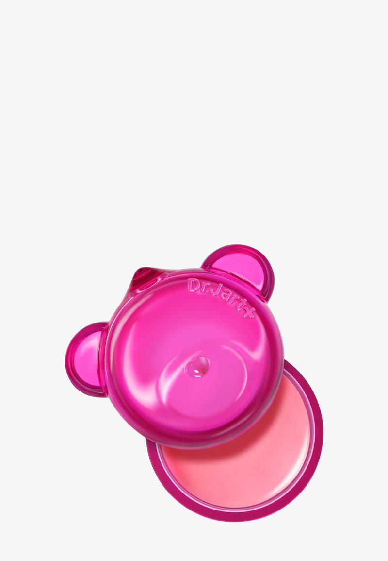 Envase en forma de oso color rosa brillante con orejas redondeadas; contiene un producto de color rosa claro en su interior. Acabado de plástico liso con marca impresa.