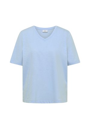 T-shirt bleu clair à manches courtes avec col en V, coupe ample et petite étiquette de marque cousue à l'intérieur de l'encolure.