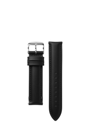 Schwarzes Leder-Uhrenarmband mit silberner Metallschließe, zwei Teile nebeneinander auf weißem Hintergrund.