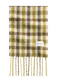 Écharpe en laine présentant un motif à carreaux jaune, vert, marron et crème, avec des franges torsadées et une étiquette sur un côté.